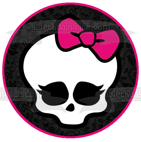 Monster High Skullette Pretty Pink Bow Skull Skeleton Background Pink Border Edible Cake Topper Image ABPID52762 Online Sale