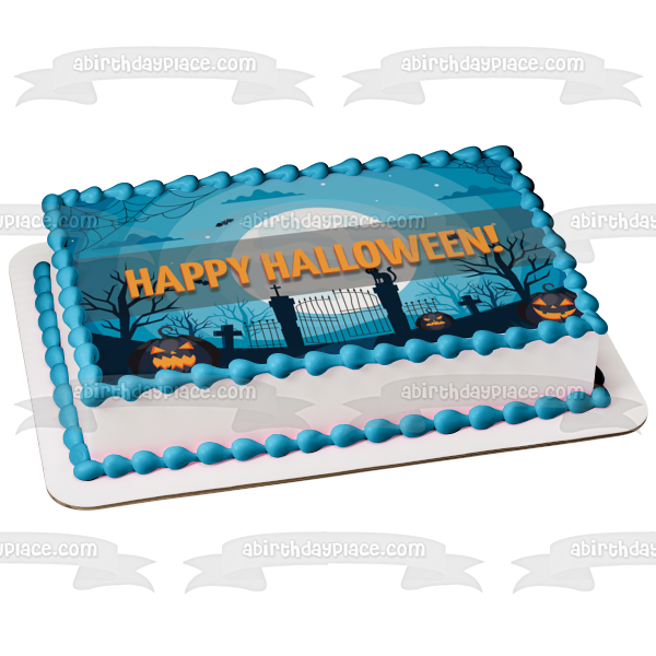 Happy Halloween Scary Jack-O-Lanterns Graveyard Scene Edible Cake Topper Image ABPID52686 on Sale