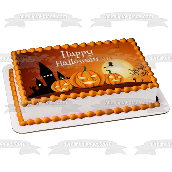 Happy Halloween Flying Witch on a Broomstick Scary Jack-O-Lanterns Edible Cake Topper Image ABPID52672 For Cheap