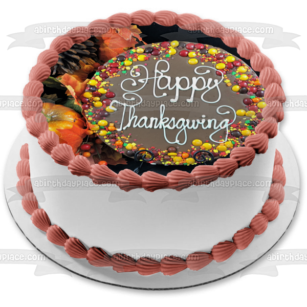 Happy Thanksgiving Pumpkins Pine Cones Fall Colored Leaves Candy Edible Cake Topper Image ABPID52721 Online Hot Sale