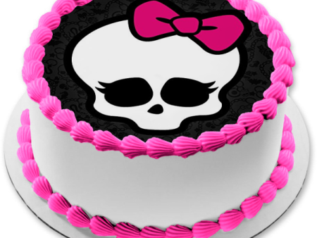 Monster High Skullette Pretty Pink Bow Skull Skeleton Background Pink Border Edible Cake Topper Image ABPID52762 Online Sale