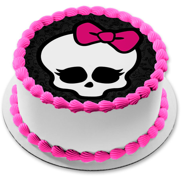 Monster High Skullette Pretty Pink Bow Skull Skeleton Background Pink Border Edible Cake Topper Image ABPID52762 Online Sale