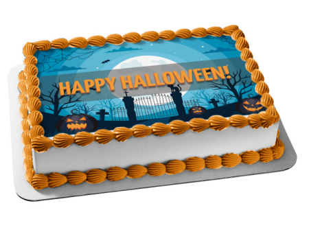 Happy Halloween Scary Jack-O-Lanterns Graveyard Scene Edible Cake Topper Image ABPID52686 on Sale