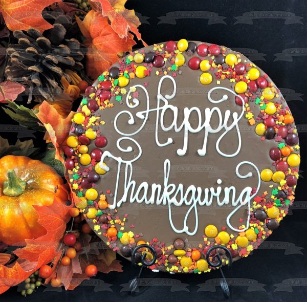 Happy Thanksgiving Pumpkins Pine Cones Fall Colored Leaves Candy Edible Cake Topper Image ABPID52721 Online Hot Sale