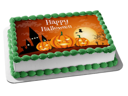 Happy Halloween Flying Witch on a Broomstick Scary Jack-O-Lanterns Edible Cake Topper Image ABPID52672 For Cheap