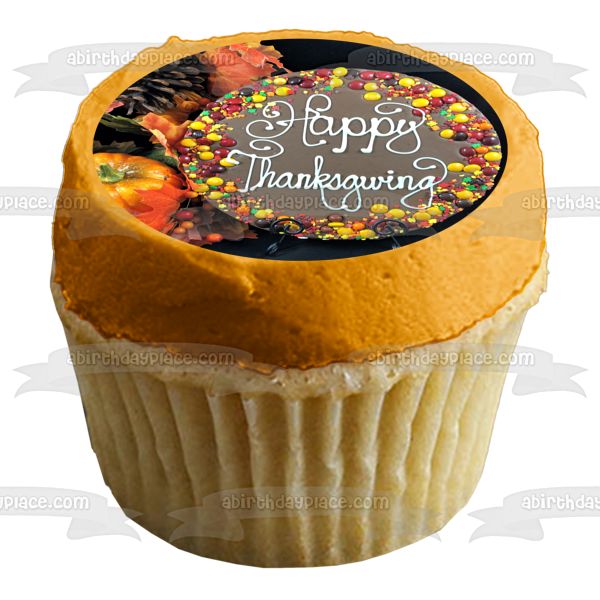 Happy Thanksgiving Pumpkins Pine Cones Fall Colored Leaves Candy Edible Cake Topper Image ABPID52721 Online Hot Sale