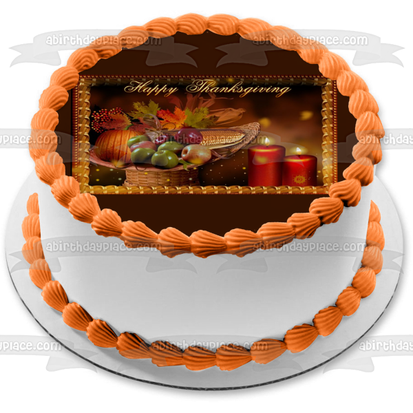 Happy Thanksgiving Pumpkin Apples Fall Colored Leaves Candles Corn Cobs Edible Cake Topper Image ABPID52717 Supply