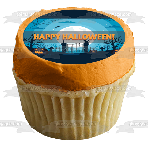 Happy Halloween Scary Jack-O-Lanterns Graveyard Scene Edible Cake Topper Image ABPID52686 on Sale